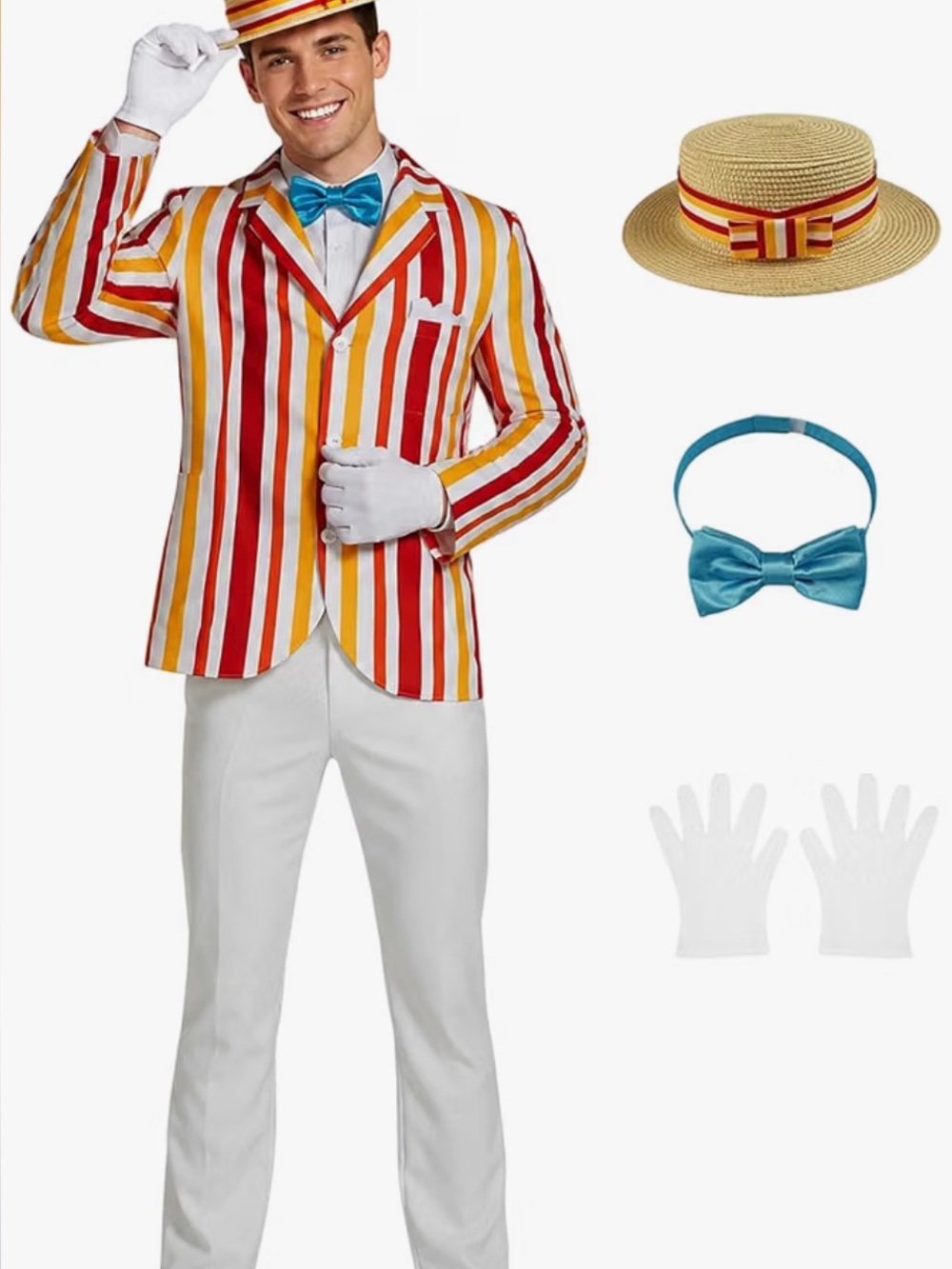 Classic Straw Boater Hat and Accessories Set - Blue Bow, White Gloves